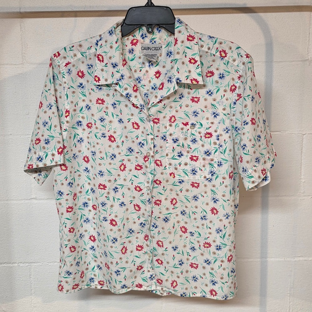 Vintage Cabin Creek Women L Floral Short Sleeve Button Shirt White Red Blue Boxy